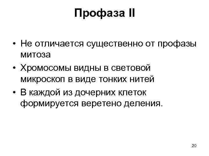 Профаза II • Не отличается существенно от профазы митоза • Хромосомы видны в световой