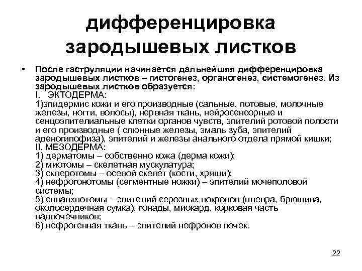 дифференцировка зародышевых листков • После гаструляции начинается дальнейшяя дифференцировка зародышевых листков – гистогенез, органогенез,