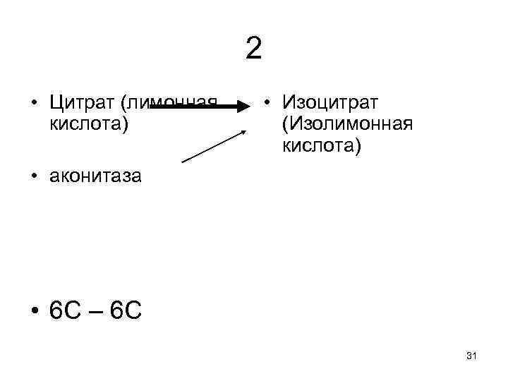 2 • Цитрат (лимонная кислота) • Изоцитрат (Изолимонная кислота) • аконитаза • 6 С