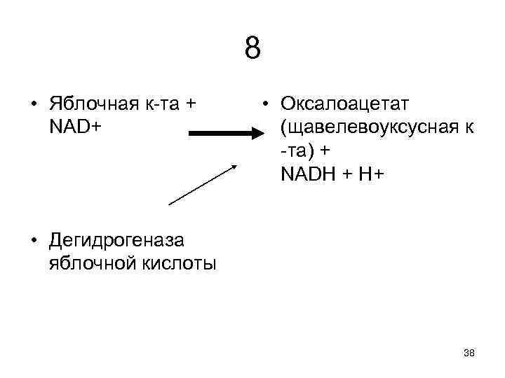 8 • Яблочная к-та + NAD+ • Оксалоацетат (щавелевоуксусная к -та) + NADH +