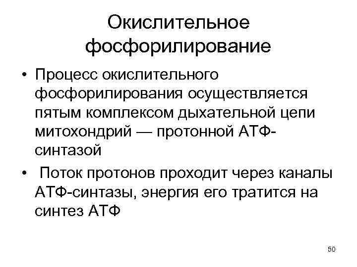 Окислительное фосфорилирование • Процесс окислительного фосфорилирования осуществляется пятым комплексом дыхательной цепи митохондрий — протонной