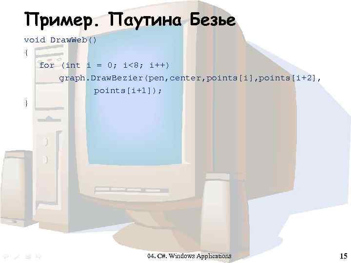 Пример. Паутина Безье void Draw. Web() { for (int i = 0; i<8; i++)