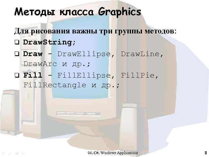 Методы класса Graphics Для рисования важны три группы методов: q Draw. String; q Draw