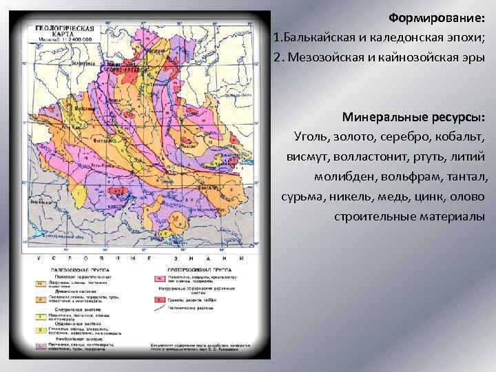 Формирование: 1. Балькайская и каледонская эпохи; 2. Мезозойская и кайнозойская эры Минеральные ресурсы: Уголь,
