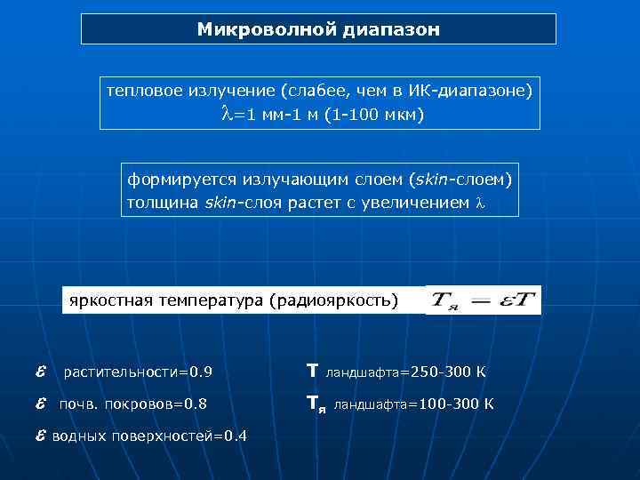 Микроволной диапазон тепловое излучение (слабее, чем в ИК-диапазоне) =1 мм-1 м (1 -100 мкм)