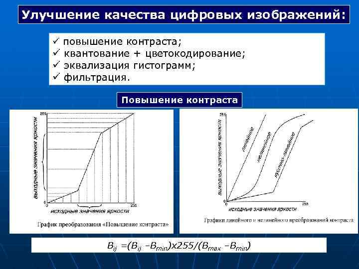 Улучшение качества цифровых изображений: ü повышение контраста; ü квантование + цветокодирование; ü эквализация гистограмм;