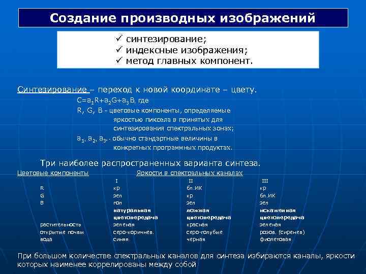 Создание производных изображений ü синтезирование; ü индексные изображения; ü метод главных компонент. Синтезирование –