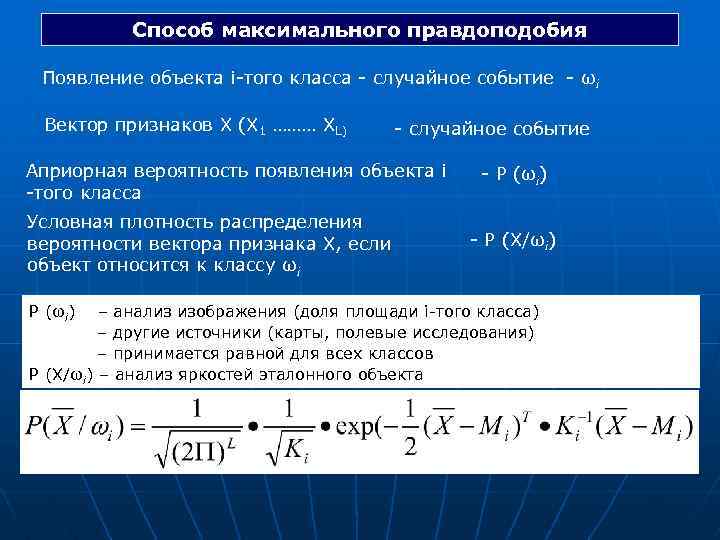 Способ максимального правдоподобия Появление объекта i-того класса - случайное событие - ωi Вектор признаков