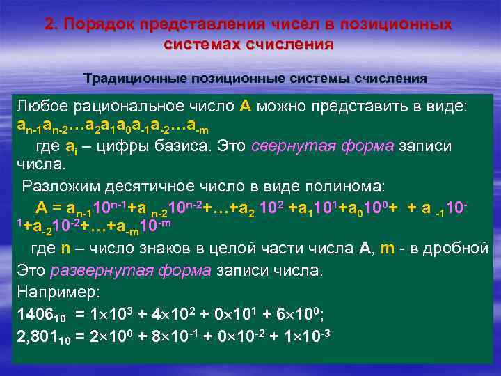 2. Порядок представления чисел в позиционных системах счисления Традиционные позиционные системы счисления Любое рациональное