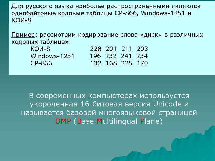 Для русского языка наиболее распространенными являются однобайтовые кодовые таблицы CP-866, Windows-1251 и КОИ-8 Пример: