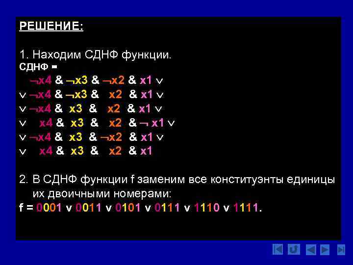 РЕШЕНИЕ: 1. Находим СДНФ функции. СДНФ = x 4 & x 3 & x