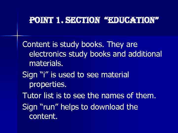 Point 1. SECtion “EDu. CAtion” Content is study books. They are electronics study books