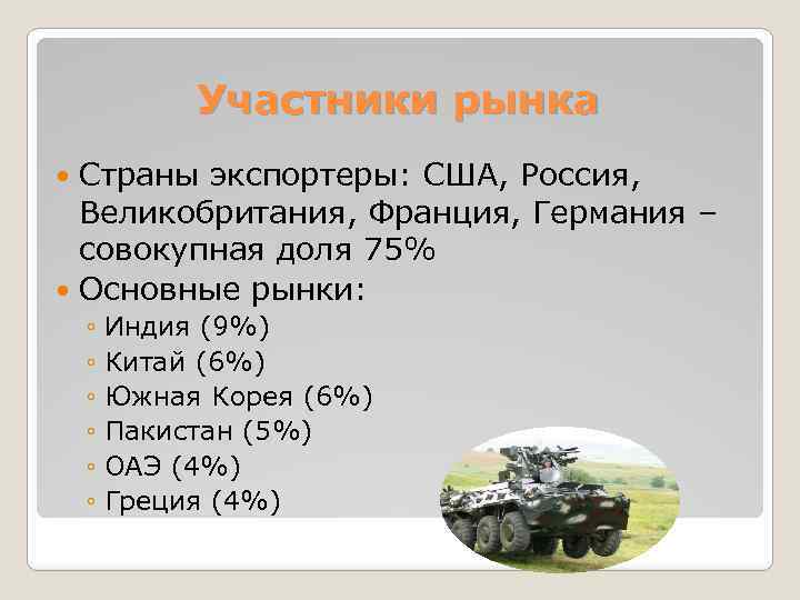 Участники рынка Страны экспортеры: США, Россия, Великобритания, Франция, Германия – совокупная доля 75% Основные