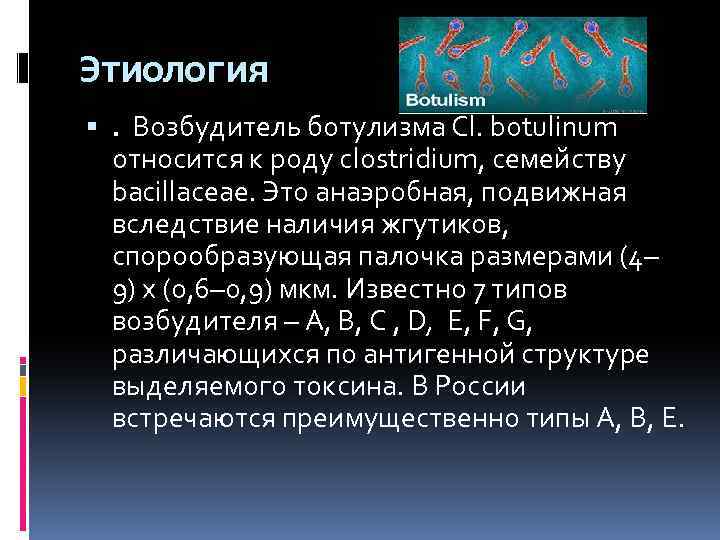 Этиология . Возбудитель ботулизма Сl. botulinum относится к роду clostridium, семейству bacillaceae. Это анаэробная,