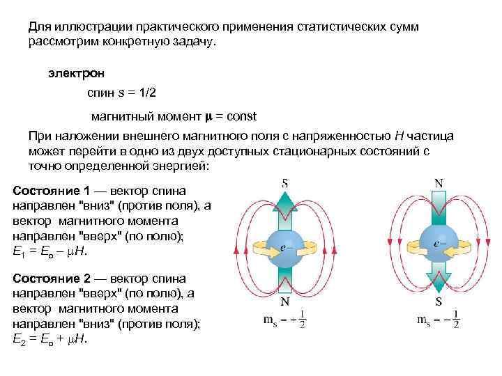 Для иллюстрации практического применения статистических сумм рассмотрим конкретную задачу. электрон спин s = 1/2