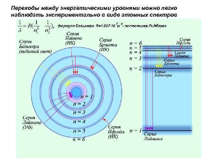 Переходы между энергетическими уровнями можно легко наблюдать экспериментально в виде атомных спектров 