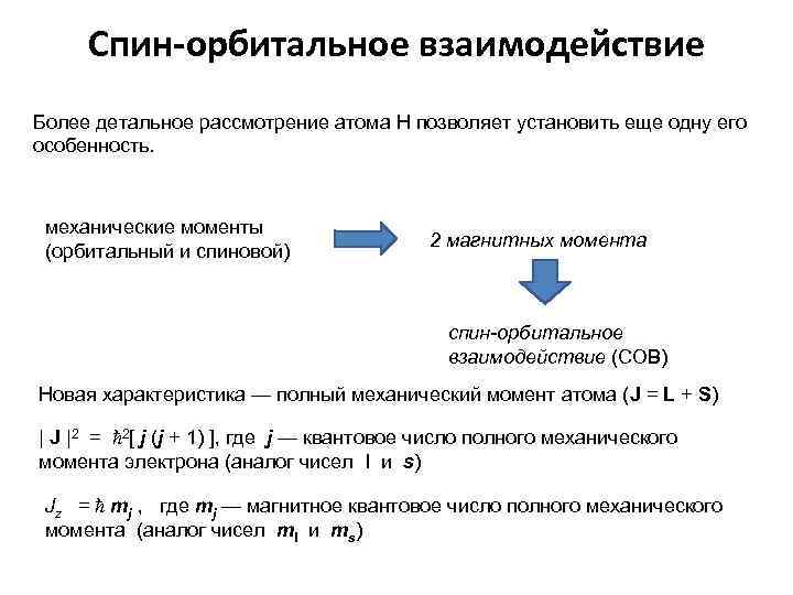 Спин-орбитальное взаимодействие Более детальное рассмотрение атома Н позволяет установить еще одну его особенность. механические