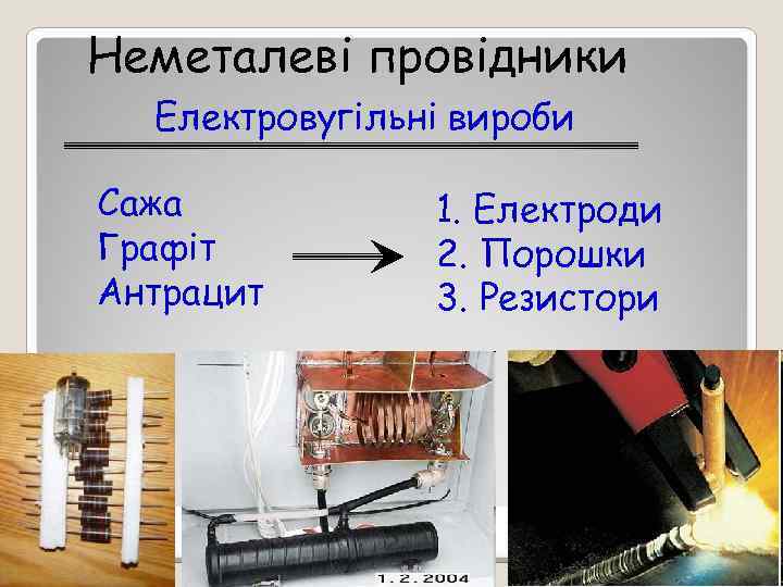 Неметалеві провідники Електровугільні вироби Сажа Графіт Антрацит 1. Електроди 2. Порошки 3. Резистори 