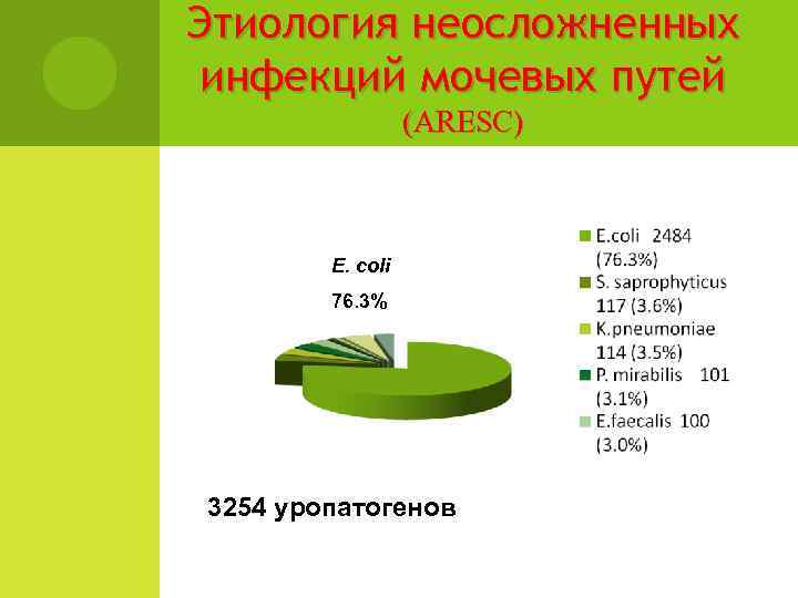 Этиология неосложненных инфекций мочевых путей (ARESC) E. coli 76. 3% 3254 уропатогенов 