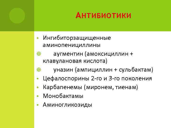 А НТИБИОТИКИ Ингибиторзащищенные аминопенициллины аугментин (амоксициллин + клавулановая кислота) уназин (ампициллин + сульбактам) •