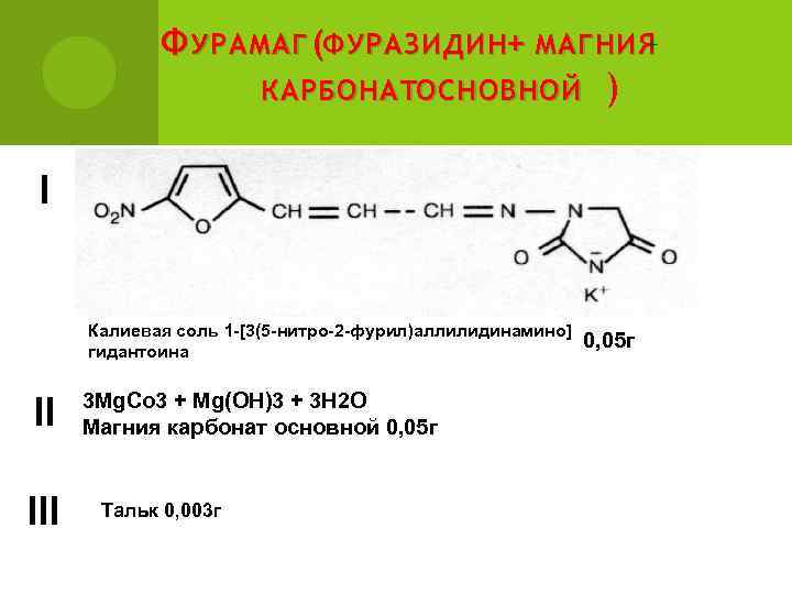 + Ф УРАМАГ (ФУРАЗИДИН+ МАГНИЯ КАРБОНАТОСНОВНОЙ ) I Калиевая соль 1 -[3(5 -нитро-2 -фурил)аллилидинамино]