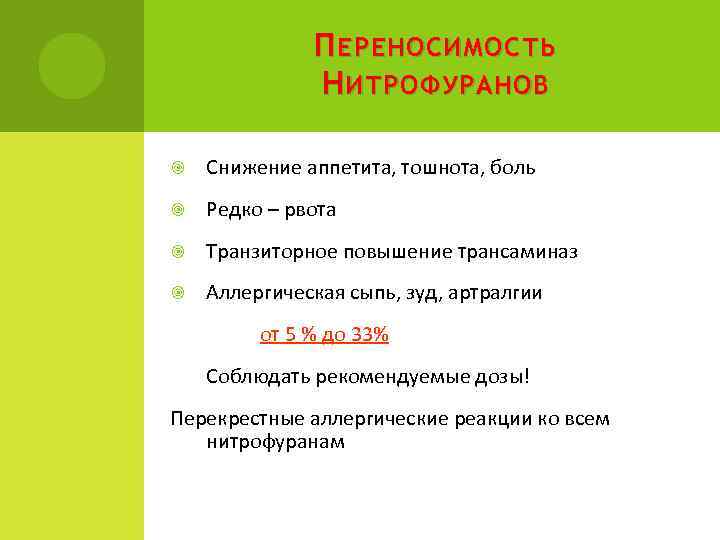 П ЕРЕНОСИМОСТЬ Н ИТРОФУРАНОВ Снижение аппетита, тошнота, боль Редко – рвота Транзиторное повышение трансаминаз