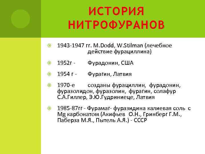 ИСТОРИЯ НИТРОФУРАНОВ 1943 -1947 гг. M. Dodd, W. Stilman (лечебное действие фурациллина) 1952 г