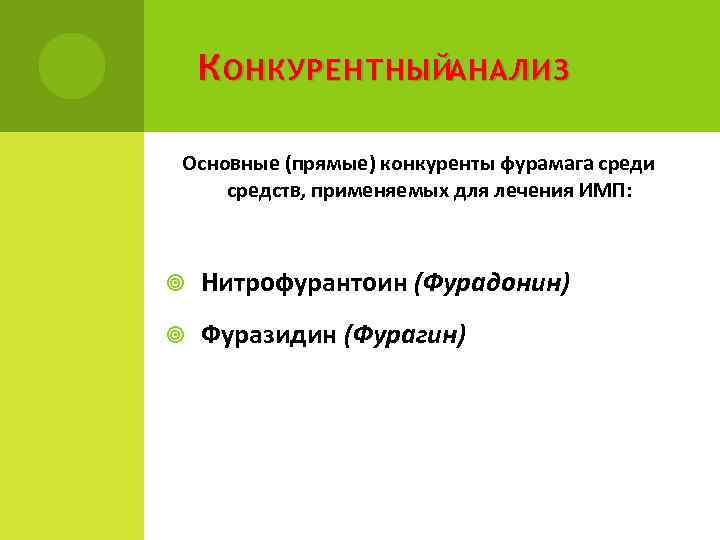 К ОНКУРЕНТНЫЙАНАЛИЗ Основные (прямые) конкуренты фурамага среди средств, применяемых для лечения ИМП: Нитрофурантоин (Фурадонин)