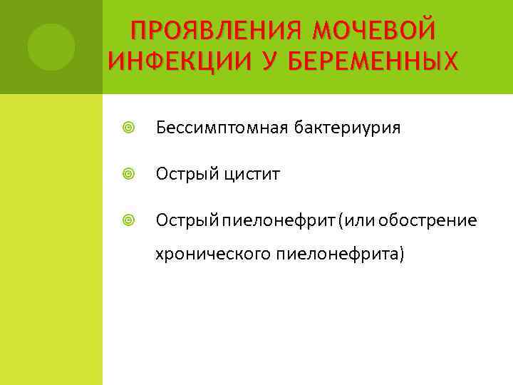 ПРОЯВЛЕНИЯ МОЧЕВОЙ ИНФЕКЦИИ У БЕРЕМЕННЫХ Бессимптомная бактериурия Острый цистит Острый пиелонефрит (или обострение хронического