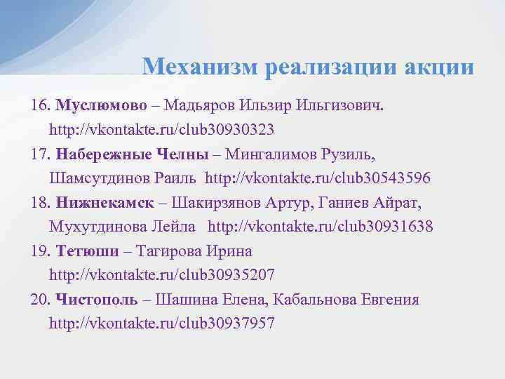 Механизм реализации акции 16. Муслюмово – Мадьяров Ильзир Ильгизович. http: //vkontakte. ru/club 30930323 17.