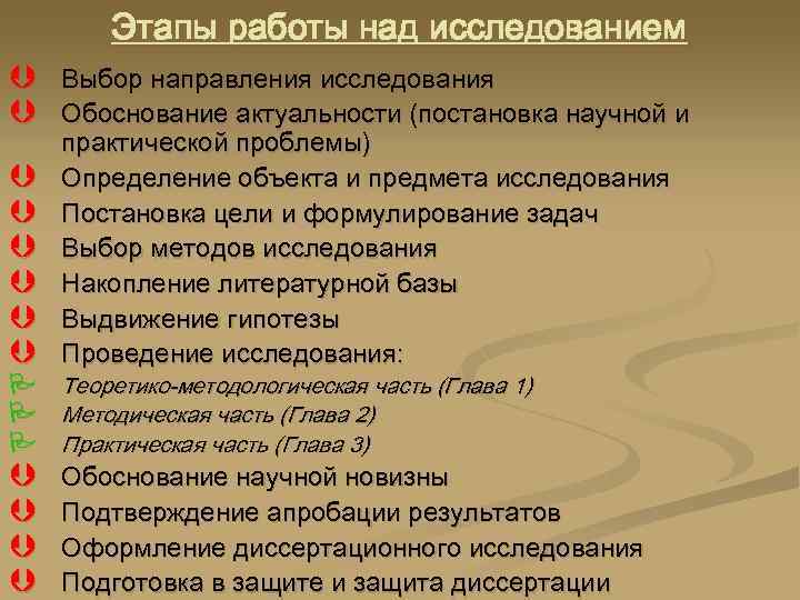 Этапы работы над исследованием Þ Выбор направления исследования Þ Обоснование актуальности (постановка научной и