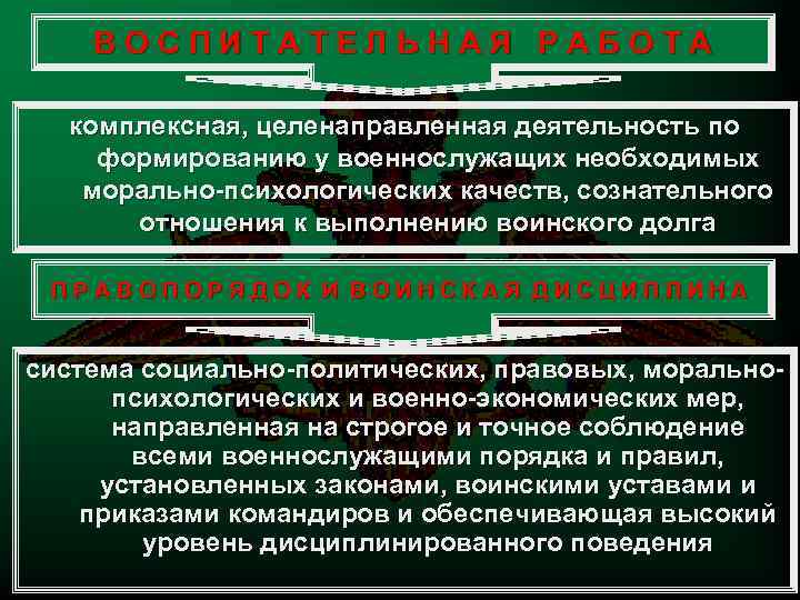 ВОСПИТАТЕЛЬНАЯ РАБОТА комплексная, целенаправленная деятельность по формированию у военнослужащих необходимых морально-психологических качеств, сознательного отношения