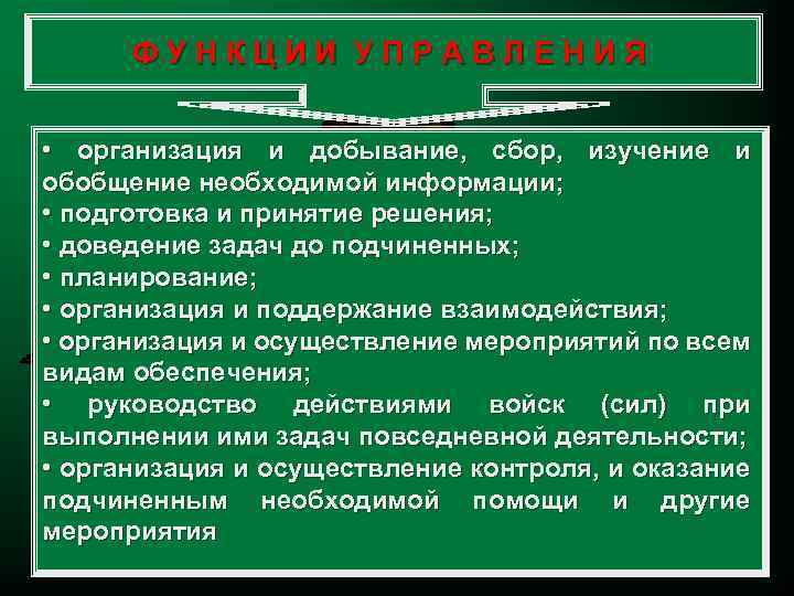 ФУНКЦИИ УПРАВЛЕНИЯ • организация и добывание, сбор, изучение и обобщение необходимой информации; • подготовка