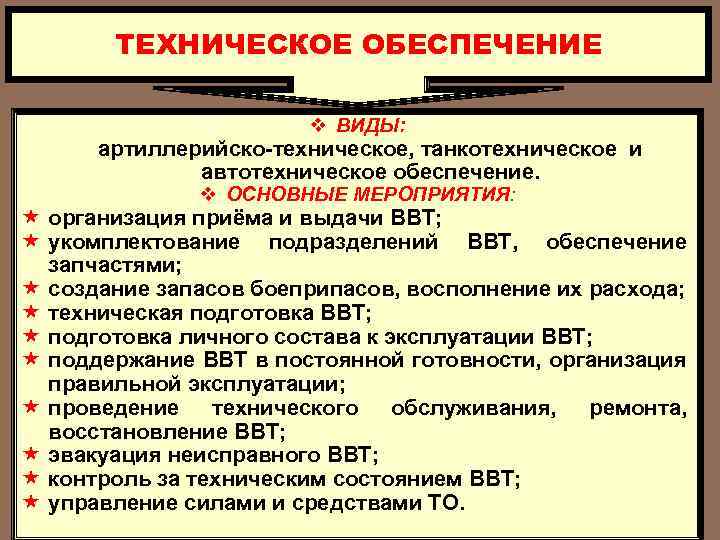 Техническое обеспечение работы. Организация технического обеспечения войск. Основные виды технического обеспечение. Основы технического обеспечения войск. Виды технического обеспечения войск.