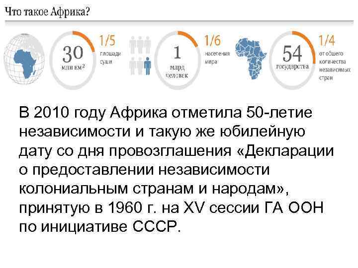 В 2010 году Африка отметила 50 -летие независимости и такую же юбилейную дату со