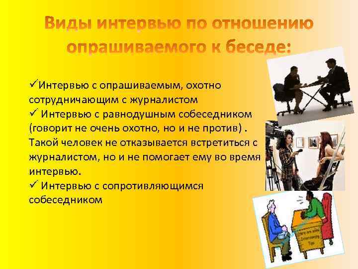 üИнтервью с опрашиваемым, охотно сотрудничающим с журналистом ü Интервью с равнодушным собеседником (говорит не