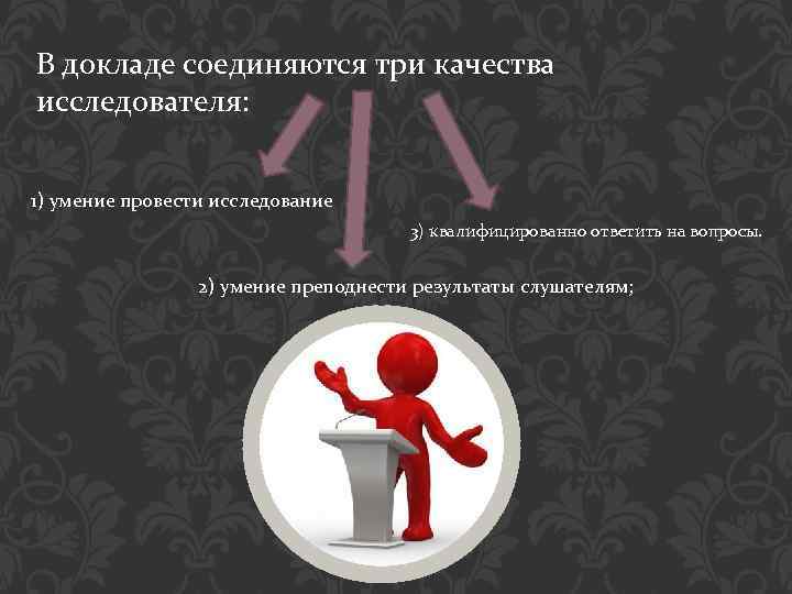 В докладе соединяются три качества исследователя: 1) умение провести исследование 3) квалифицированно ответить на