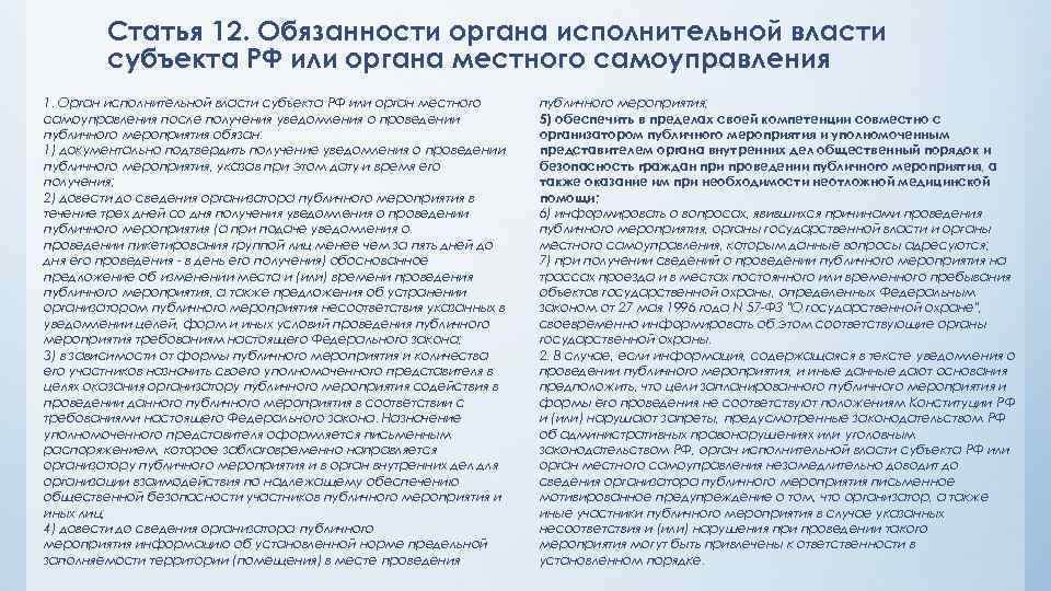 Статья 12. Обязанности органа исполнительной власти субъекта РФ или органа местного самоуправления 1. Орган