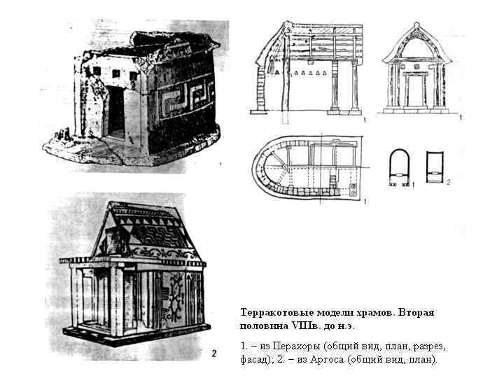 План каменного святилища. Храм в Дреросе на Крите. Глиняная модель храма Геры в Аргосе. Храм в Дреросе (Крит, ок. 750 Г. до н.э.). Глиняная модель храма VIII В. до н. э. из Герайона близ Аргоса.