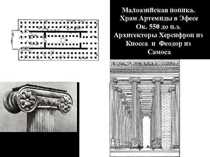 Малоазийская ионика. Храм Артемиды в Эфесе Ок. 550 до н. э. Архитекторы Херсифрон из