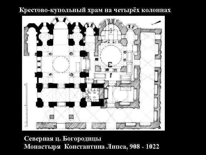 Крестово-купольный храм на четырёх колоннах Северная ц. Богородицы Монастыря Константина Липса, 908 - 1022