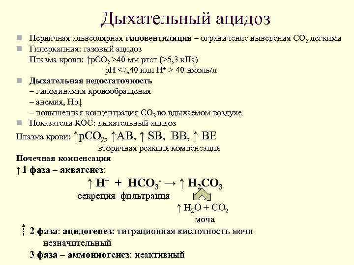 Гиперкапния ацидоз. Респираторный ацидоз. Механизмы развития и компенсации альвеолярной гиповентиляции. Дыхательный ацидоз. Респираторный ацидоз развивается при.