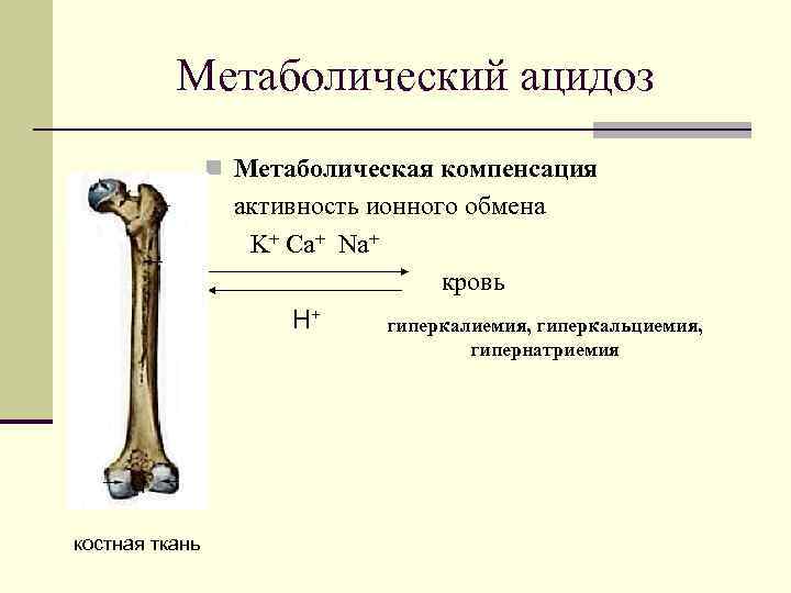 Метаболический ацидоз n Метаболическая компенсация активность ионного обмена K+ Ca+ Na+ кровь H+ гиперкалиемия,
