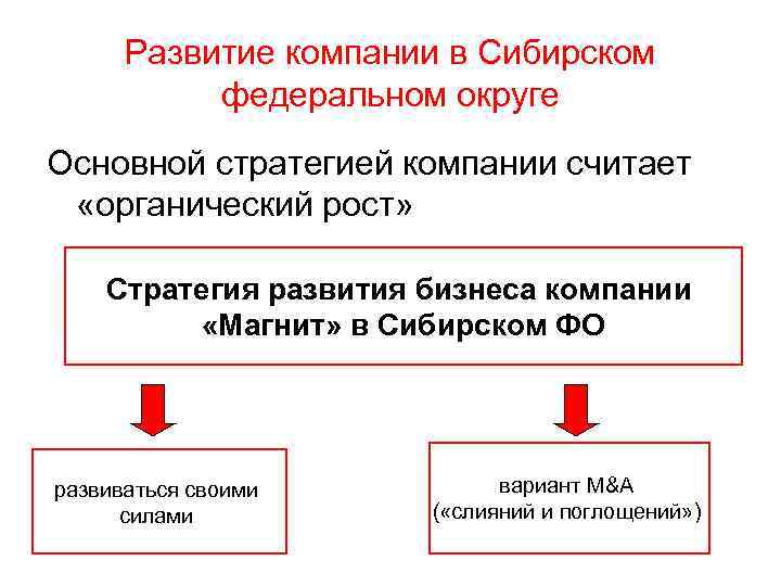 Развитие компании в Сибирском федеральном округе Основной стратегией компании считает «органический рост» Стратегия развития