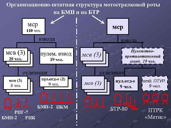 Организационно-штатная структура мотострелковой роты на БМП и на БТР мср 110 чел. взвода мсв