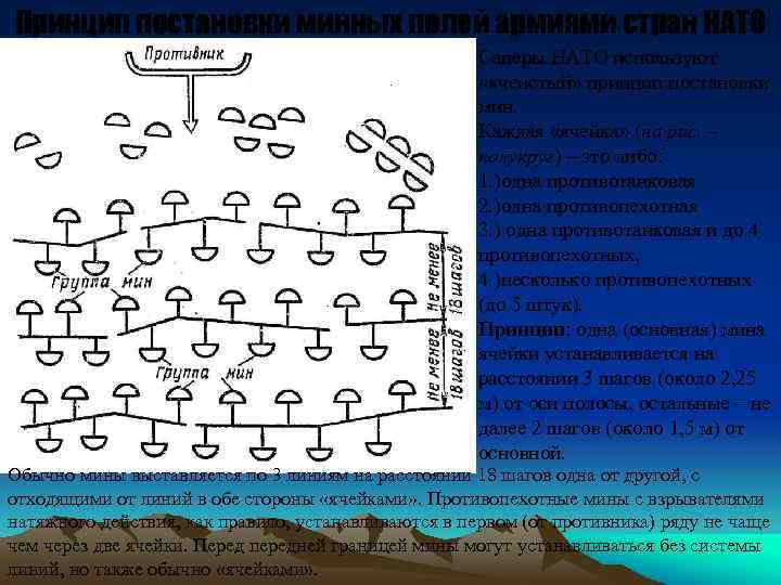 Принцип постановки минных полей армиями стран НАТО Саперы НАТО используют «ячеистый» принцип постановки мин.