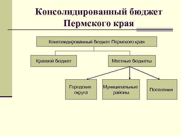 Консолидированный бюджет Пермского края Краевой бюджет Городские округа Местные бюджеты Муниципальные районы Поселения 