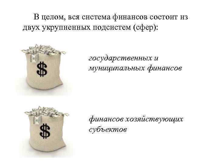 В целом, вся система финансов состоит из двух укрупненных подсистем (сфер): государственных и муниципальных