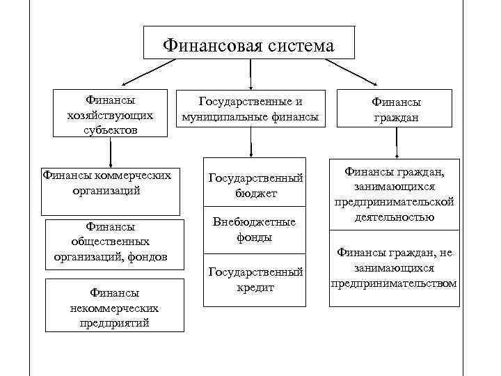 Финансовая система Финансы хозяйствующих субъектов Финансы коммерческих организаций Финансы общественных организаций, фондов Финансы некоммерческих