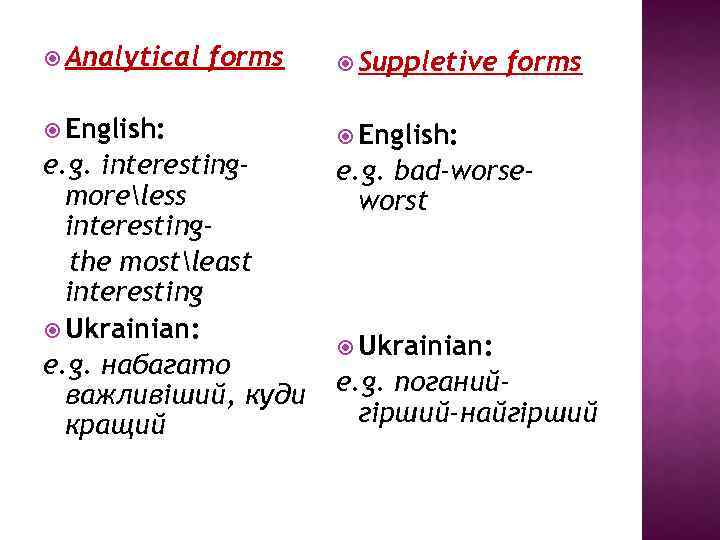  Analytical forms English: e. g. interestingmoreless interestingthe mostleast interesting Ukrainian: e. g. набагато